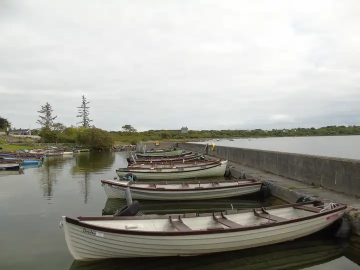 Une rangée de barques couleur crème amarrées le long du quai en béton du port d’Annaghdown, avec une maison-tour sur la rive lointaine.