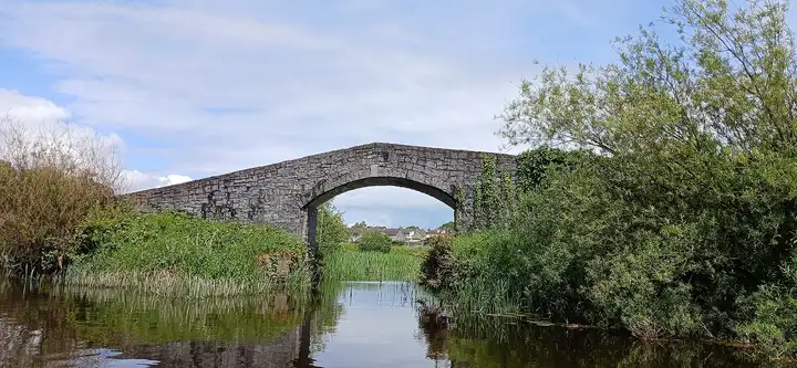 Eine einbogige Steinbrücke über schilfgesäumtem Wasser in Athy, von der Wasseroberfläche aus gesehen, durch den Bogen sind Häuser zu erkennen.