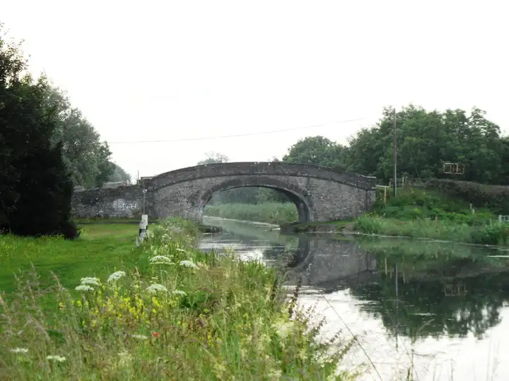 Bond Bridge gezien langs het kanaal vanaf het jaagpad, de boog weerspiegeld in het water, met wilde bloemen op de oever op de voorgrond.