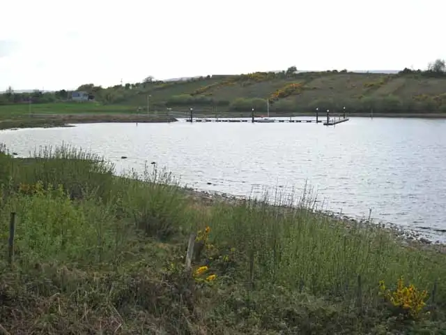 Un ponton flottant sur la rive est du Lough Allen à Cleighranmore, au pied d’un coteau couvert d’ajoncs par un jour gris.
