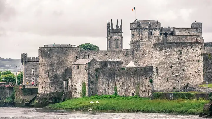 Die Rundtürme und Mauern von King John’s Castle ragen über einem Grasstreifen am Wasser auf, auf dem Schwäne ruhen.