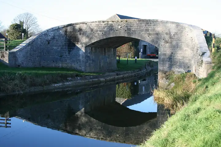 The stone arch of the R427 bridge over the Barrow Line at Vicarstown, mirrored in still canal water.