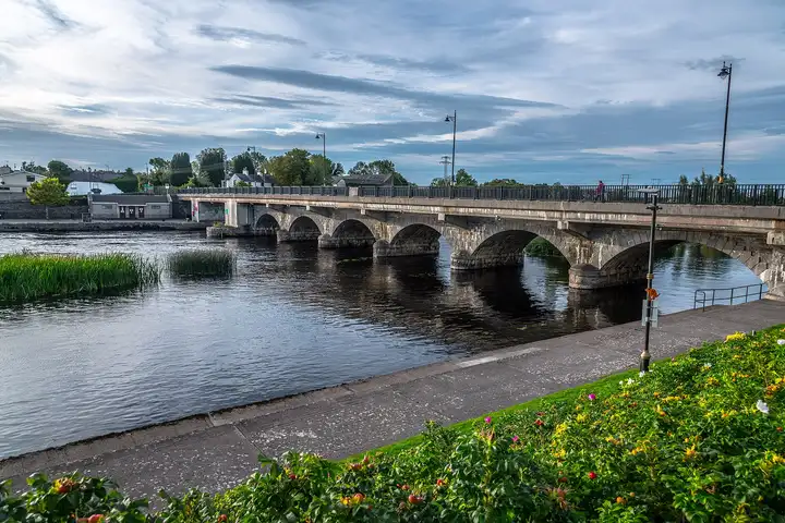 The arches of Lanesborough Bridge reflected in the Shannon, seen from the riverside path with flowering shrubs in the foreground.