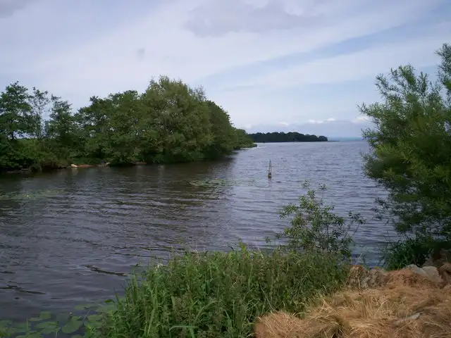 The channel at Maghery slip opens onto Lough Neagh between leafy banks, with a marker post in the water and wooded Coney Island on the horizon.