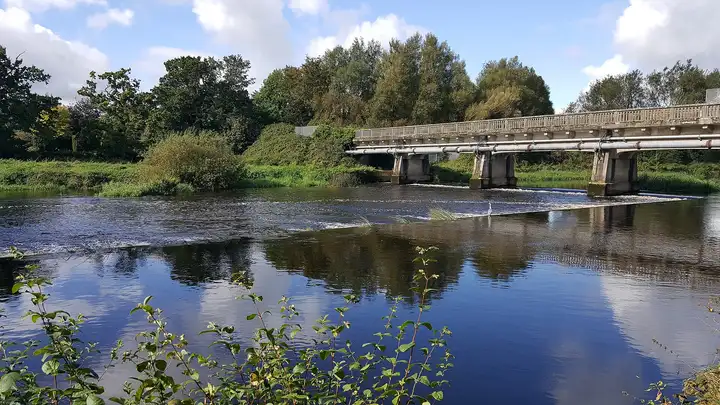 Das Wehr im River Barrow bei Athy mit einer Betonstraßenbrücke und hohen Bäumen dahinter unter blauem Himmel.