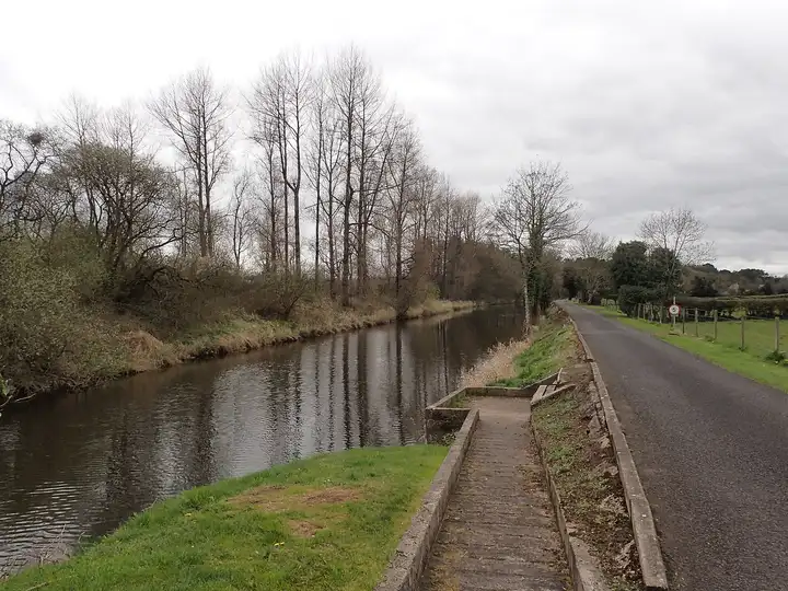 The straight Movanagher Canal runs between a bank of bare trees and a narrow lane, with a small concrete landing stage on the near side under a grey sky.