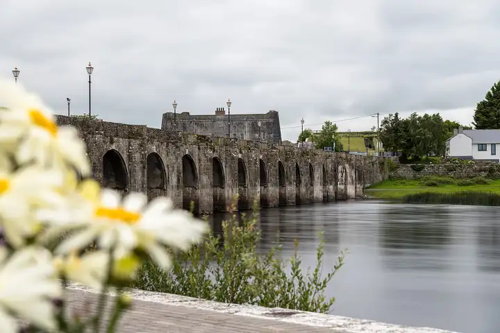 Les nombreuses arches du pont de Shannonbridge mènent aux murs gris du vieux fort sur la rive du Roscommon, avec des marguerites floues au premier plan.