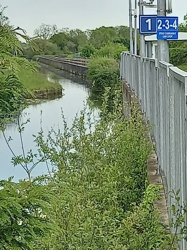 Vu de la gare de Louisa Bridge, derrière des buissons verts et un panneau de quai, le canal file tout droit sur l’aqueduc de Ryewater, longé d’une longue rambarde sur la rive opposée.