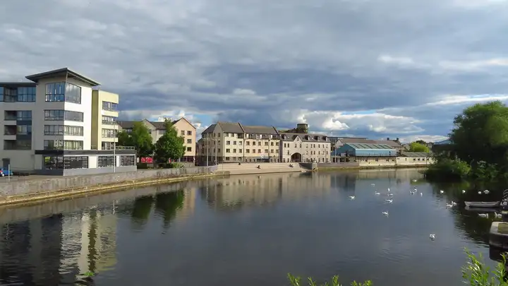 De brede rivier de Barrow in Carlow met zwanen, de getrapte promenade langs het water en een kasteeltoren achter de gebouwen aan de kade.