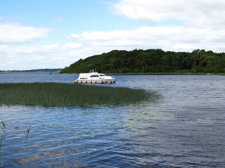 A white cruiser on the water beside a reed bed at Coosan Point, with a wooded shore behind under a blue summer sky.