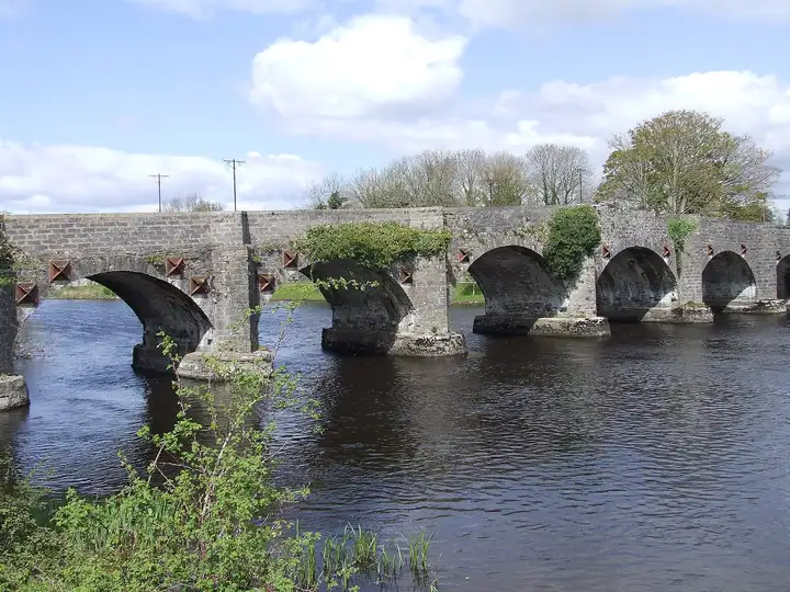 The long, many-arched stone bridge at Drumsna crosses the Shannon under a bright spring sky, seen from the Roscommon bank.
