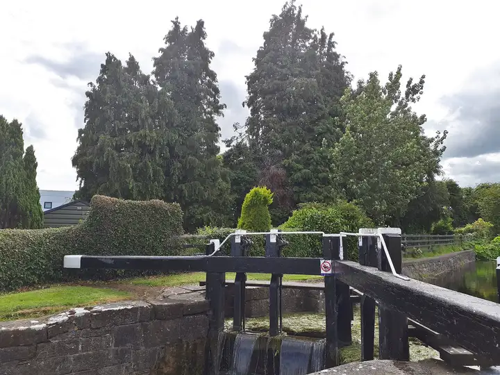 Water spills through the black-and-white timber gates of the 16th lock at Kilcock, framed by tall conifers and a neat hedge under a cloudy sky.