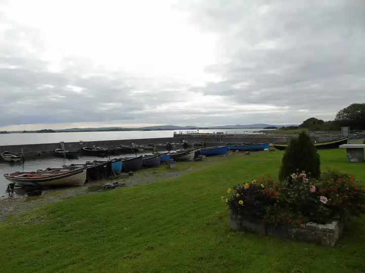 Des barques alignées en longue rangée sur la rive d’Annaghdown, avec un massif de fleurs sur la pelouse, la digue du port et le lac au-delà.