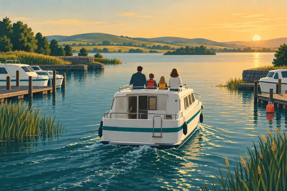 Illustration: a family seen from behind on the deck of a white hire cruiser with a teal stripe, leaving a small marina on a calm lake at sunset.