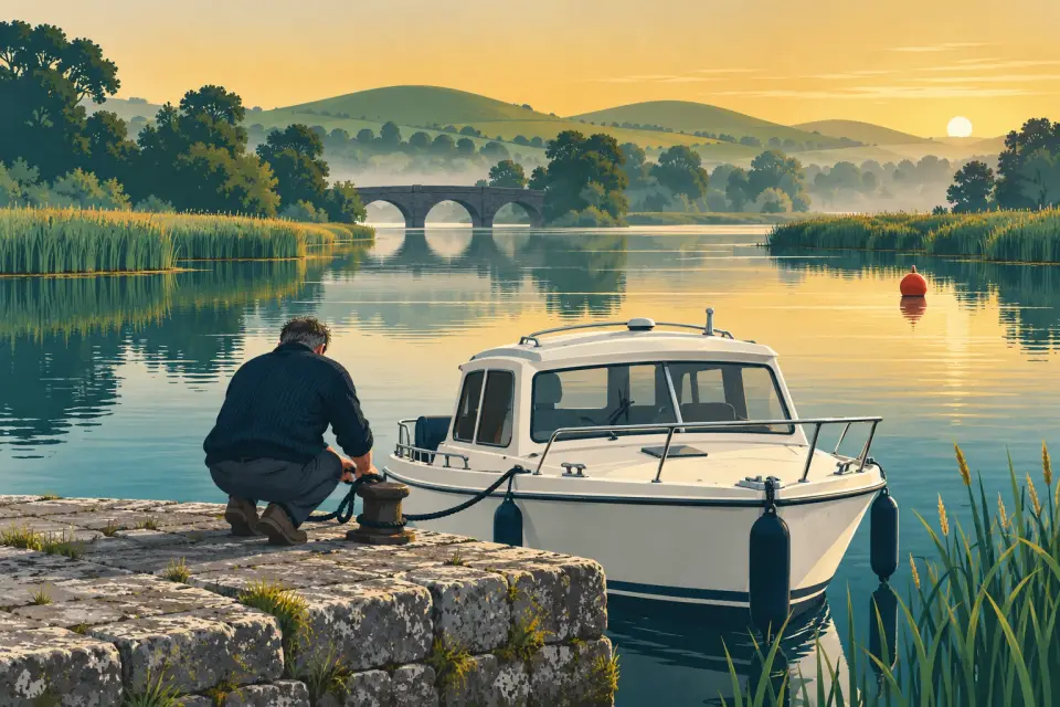 Illustration: a skipper seen from behind, crouching on an old stone quay to tie his motor cruiser to an iron bollard, a stone arched bridge in the morning haze behind.