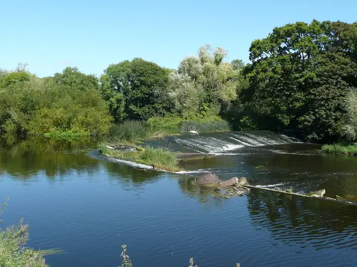 Water spilling over the long weir on the River Barrow at Milford, with dense trees behind under a clear blue sky.
