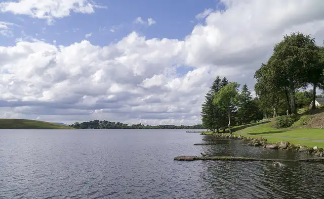 Tall trees and a stone-edged grass bank line the shore of Lower Lough Erne at Killadeas under a sky of big white clouds.