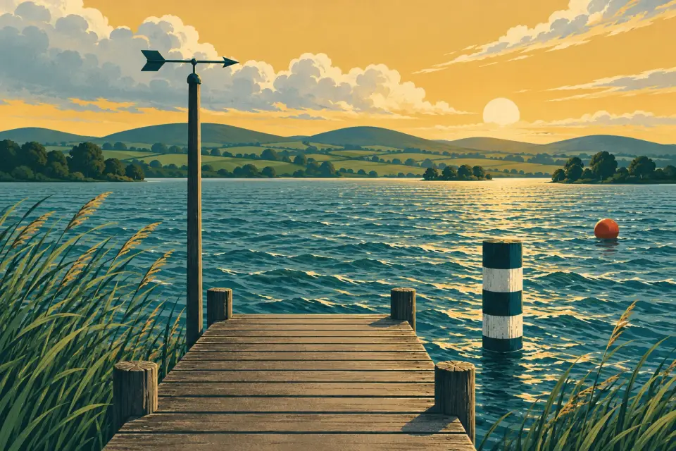 Illustration: a wooden jetty on a choppy lake with a weather vane, a striped water-level post and a red buoy under gathering clouds.