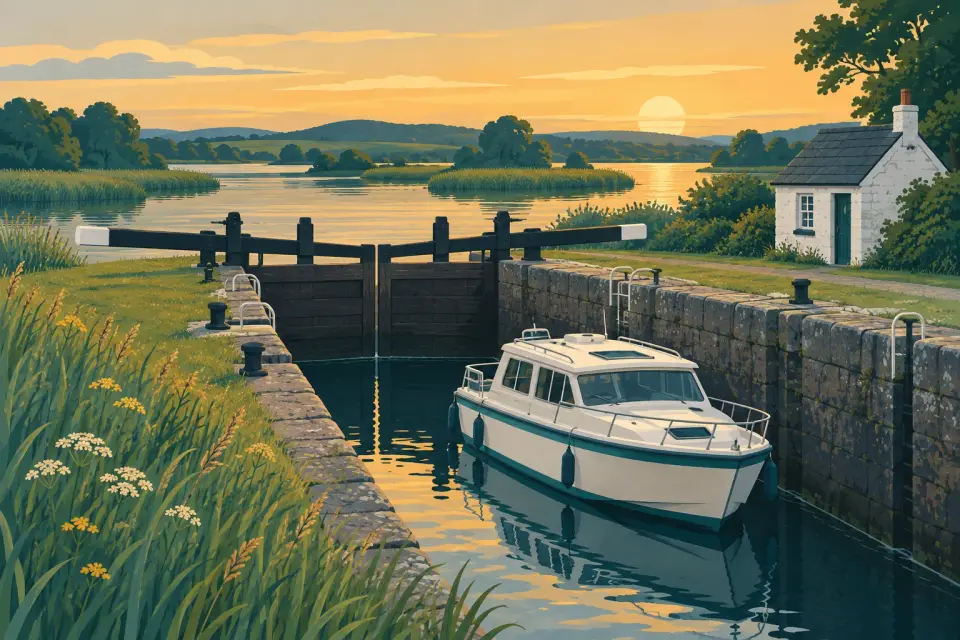 Illustration: a white cruiser inside a stone lock with dark timber gates and black-and-white balance beams, beside a whitewashed lock-keeper’s cottage.