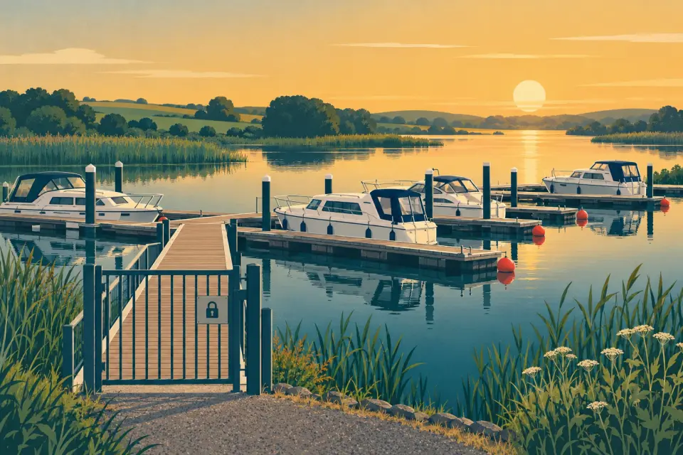 Illustration: a marina with motor cruisers on floating pontoons, seen past a closed gate with a padlock sign.