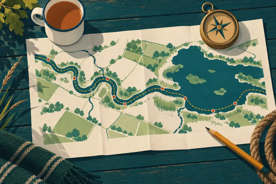 Illustration: a paper chart with a dotted route and red stops along a winding river to a lake, with a mug of tea, a brass compass and a pencil.