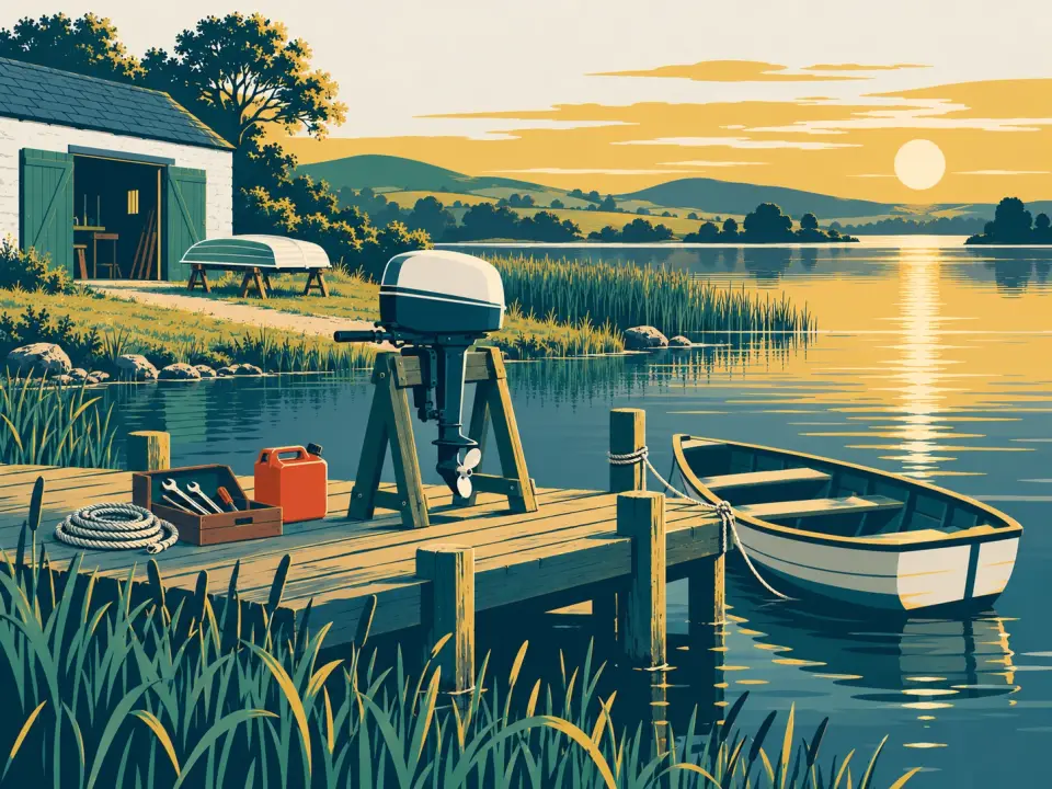 Illustration: an outboard engine on a wooden stand on a lakeside jetty with a toolbox, a red fuel can and a coiled rope, a small open boat alongside and a boatshed on the shore at sunset.