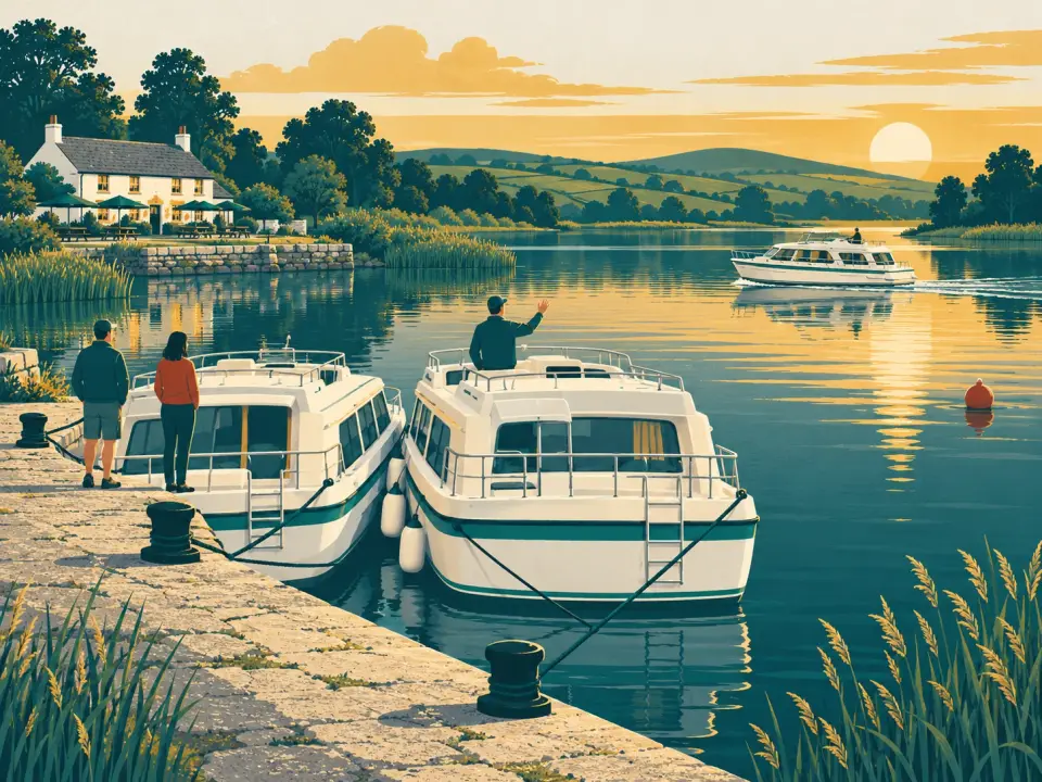 Illustration: two hire cruisers tied up side by side at a stone quay, a skipper waving to a passing boat and a whitewashed pub on the shore.