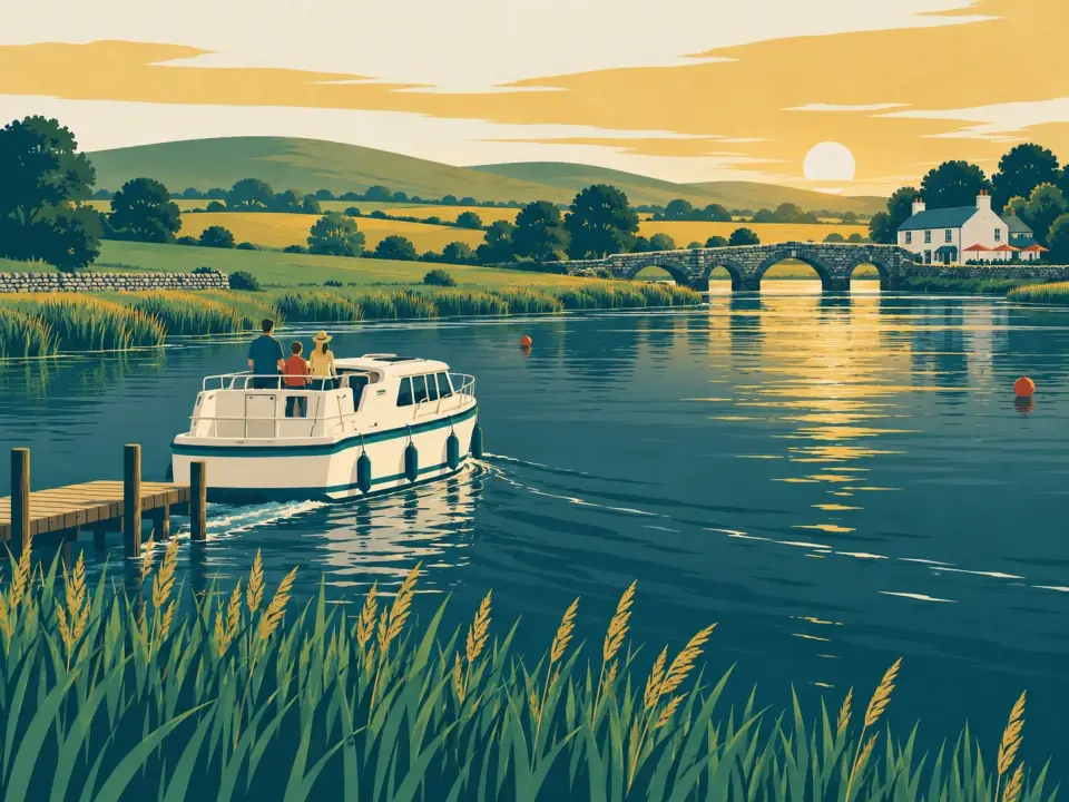 Illustration: a family on the deck of a hire cruiser setting off from a wooden jetty on a calm river, a stone arched bridge and a farmhouse beyond.