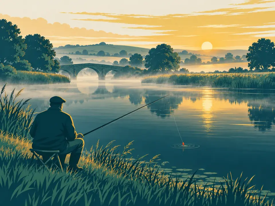 Illustration: an angler seen from behind on a stool on a reedy riverbank at dawn, a red float on the misty water and a stone bridge behind.