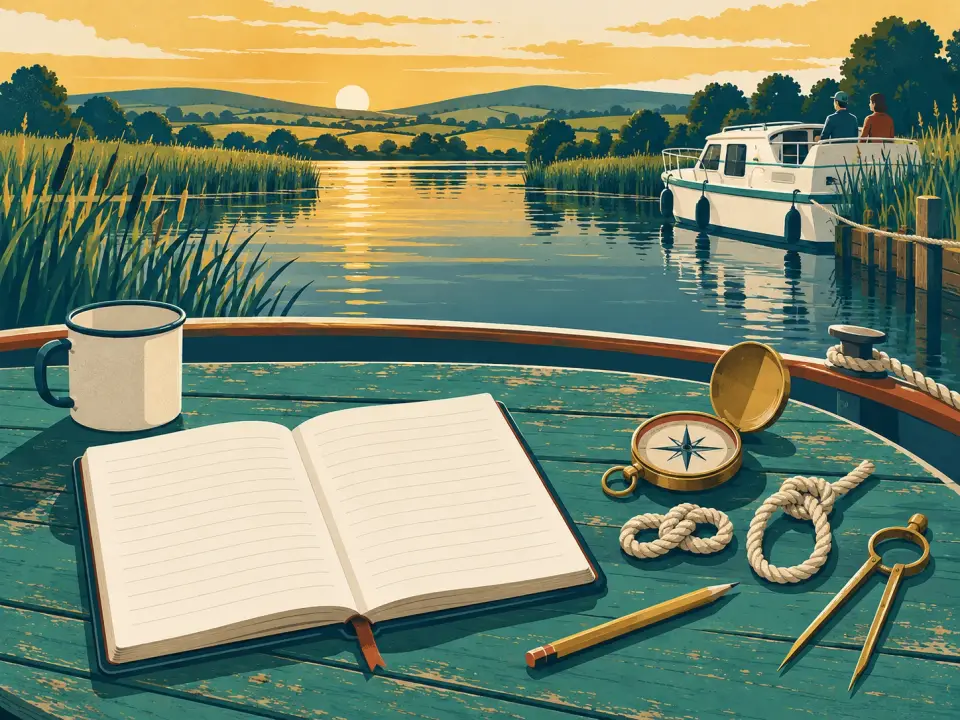 Illustration: an open notebook on a boat’s deck table with an enamel mug, a brass compass, two rope knots, a pencil and dividers.