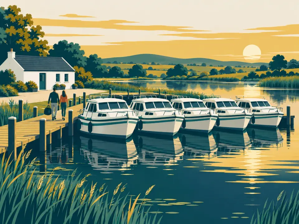 Illustration: a row of five white hire cruisers at a wooden jetty, a couple walking along with their bags and a whitewashed cottage on the shore.
