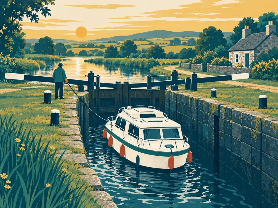 Illustration: a lock-keeper at the balance beam of a canal lock while a white cruiser with fenders out waits in the chamber, a stone cottage beside.