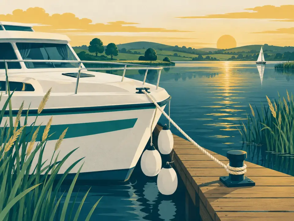 Illustration: the bow of a white cruiser tied to a bollard on a wooden jetty with its fenders out, a sailing boat on the lake beyond.