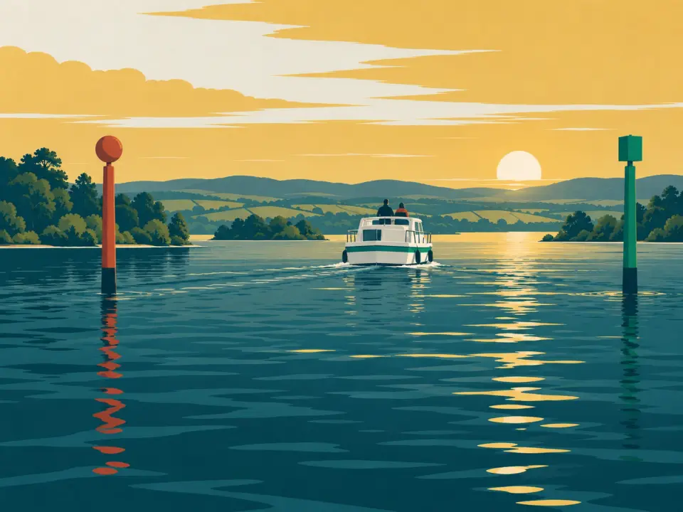 Illustration: a cruiser passing between a red post with a round top on the left and a green post with a square top on the right, on a lake at sunset.