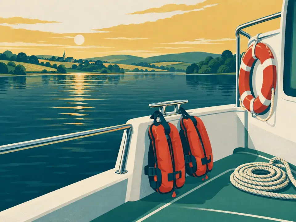 Illustration: two red lifejackets and a lifebuoy hanging on the stern of a boat, a coiled rope on deck and a calm lake beyond.