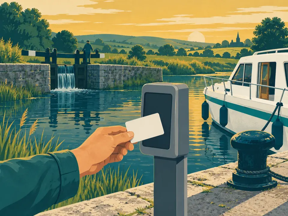 Illustration: a hand holding a card up to a reader post beside a canal lock, a moored cruiser and the lock gates behind.
