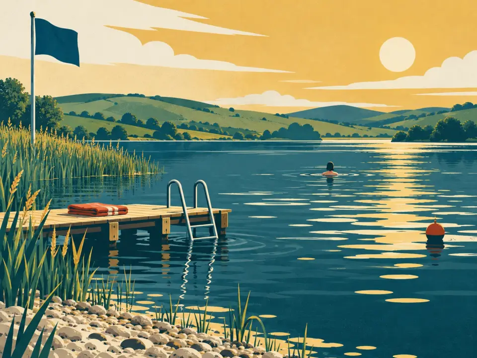 Illustration: a swimmer in a calm lake near a wooden jetty with a ladder and a red towel, a blue flag on the shore and a red buoy.
