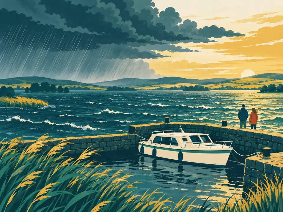 Illustration: dark rain clouds and white-capped waves on a lake, a cruiser sheltering in a small stone harbour and two people watching from the wall.