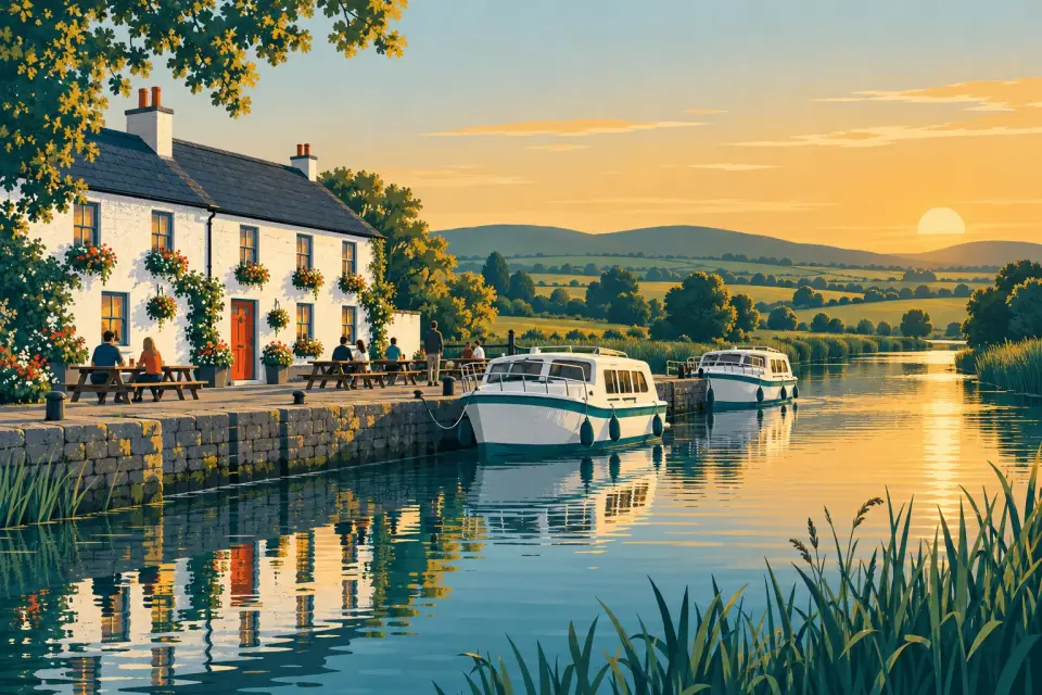 Illustration: a whitewashed waterside pub with flower boxes and a red door on a stone quay, people at picnic tables and two hire cruisers moored at sunset.