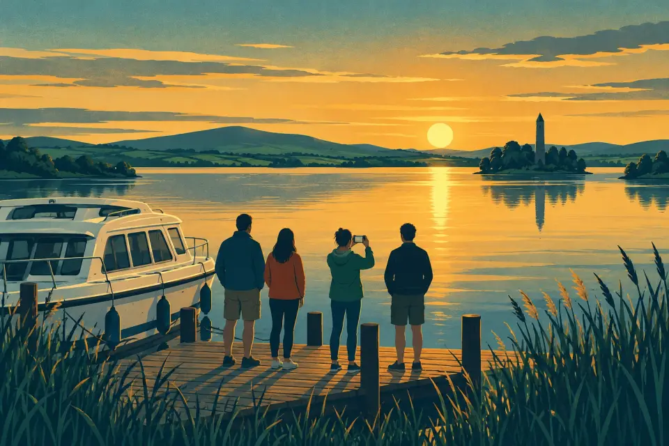 Illustration: four people seen from behind on a jetty watching the sun set over a lake, one taking a photo, an island with a round tower in the distance.