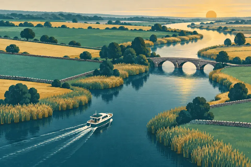 Illustration: a bird’s-eye view of a cruiser on a winding river through fields, reed beds and stone walls, towards an arched stone bridge.