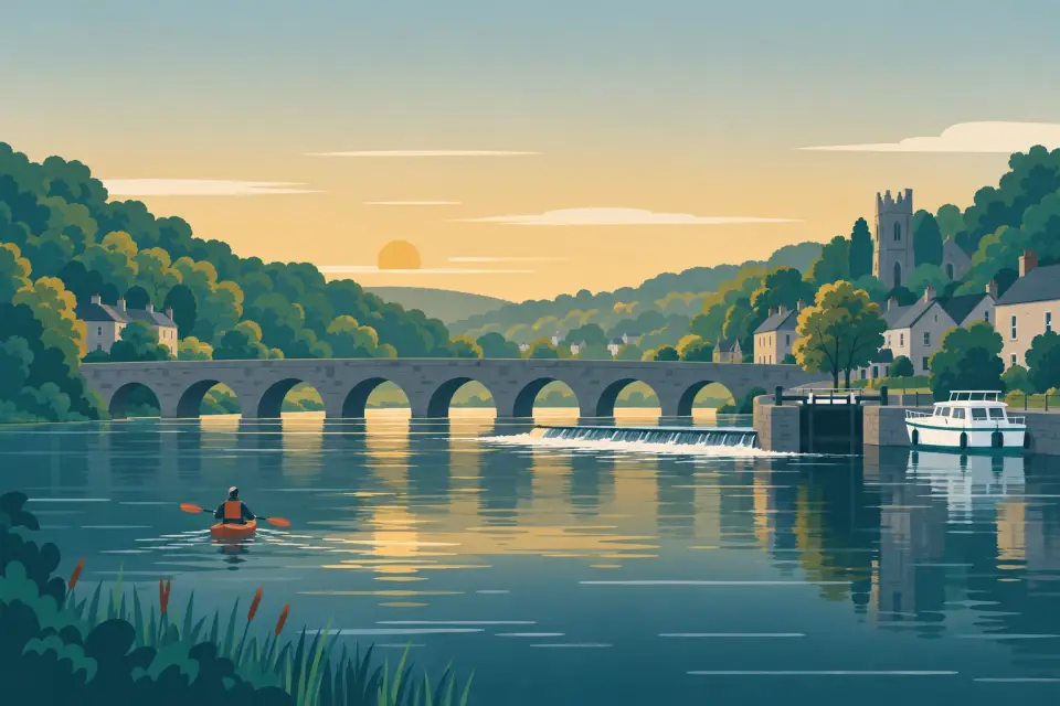 Illustration: the River Barrow at a hillside town with a many-arched stone bridge, a weir and a lock, a kayaker and a small cruiser.