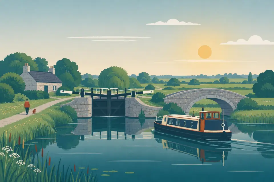 Illustration: a lock on the Grand Canal with black-and-white balance beams, a stone cottage, a humpback bridge and a narrowboat, a walker and dog on the towpath.