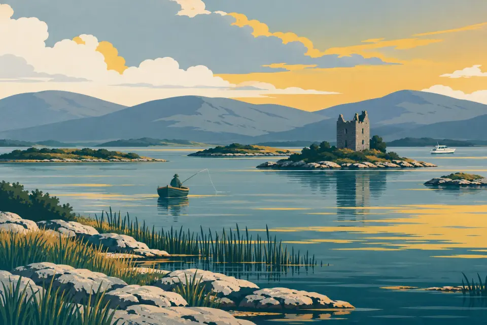 Illustration: Lough Corrib with a ruined tower house on a rocky island, an angler in a small boat and the Connemara hills behind.
