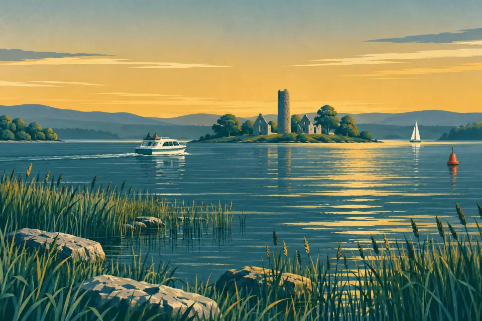Illustration: a cruiser crossing Lough Derg towards a wooded island with a round tower and ruined churches, limestone and reeds on the shore.