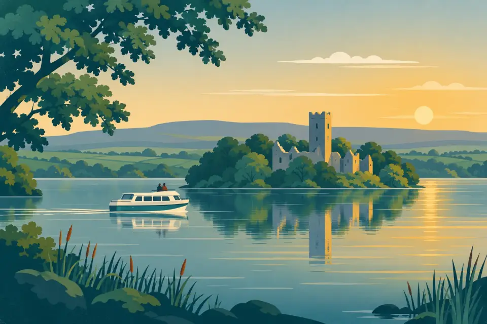 Illustration: a cruiser passing a wooded island with a ruined castle on calm Lough Key, framed by oak leaves.