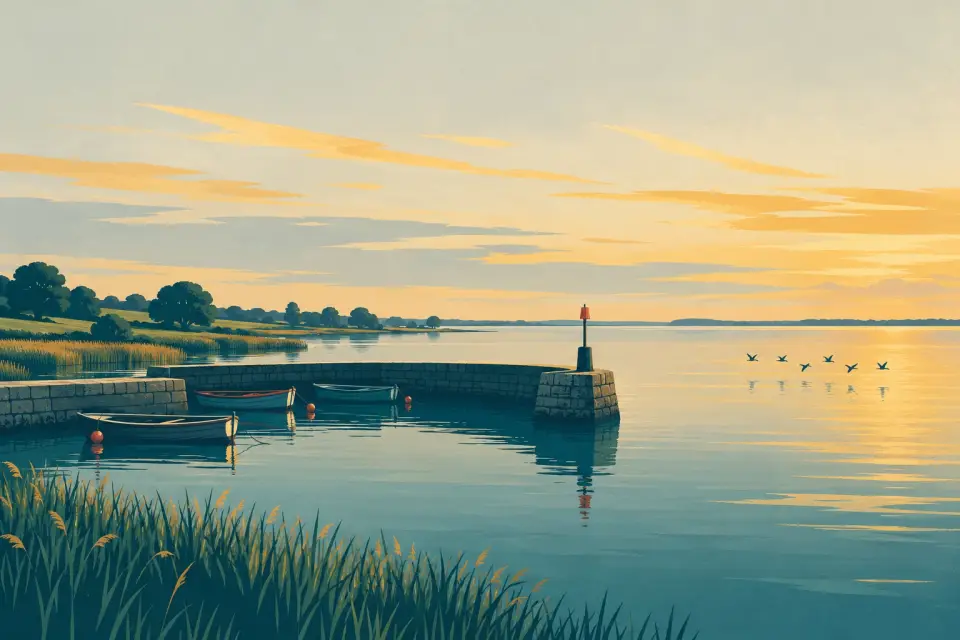 Illustration: a small stone harbour with rowing boats on the vast, flat water of Lough Neagh under a wide evening sky.
