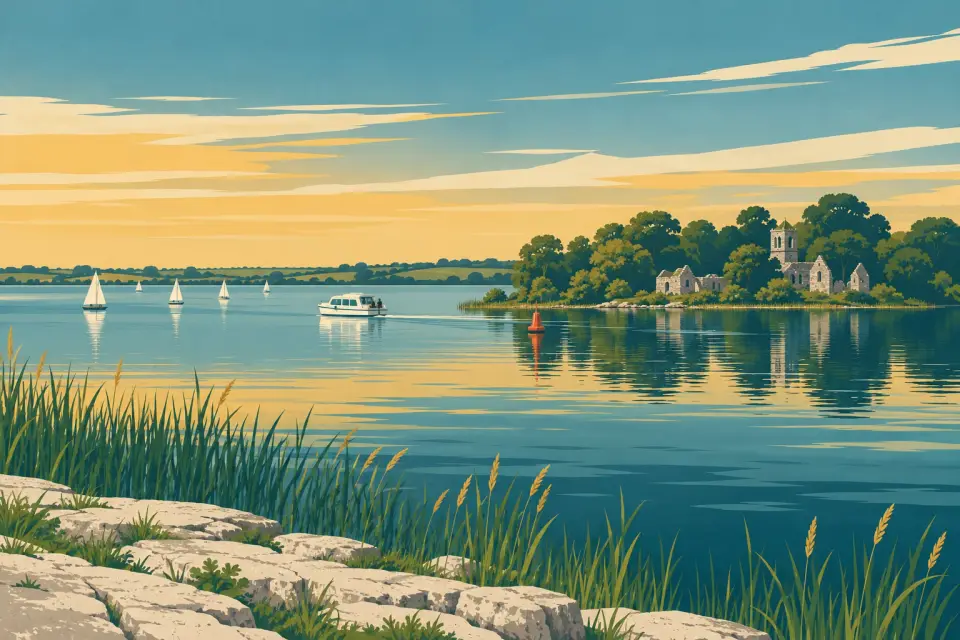 Illustration: Lough Ree with a wooded island and old church ruins, a cruiser, small sailing boats and a red buoy.