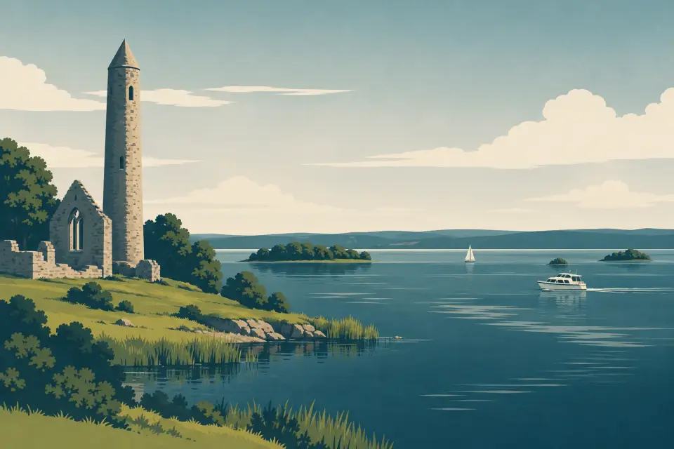 Illustration: a round tower and a ruined church on an island above Lower Lough Erne, with small wooded islands, a cruiser and a sailing boat.