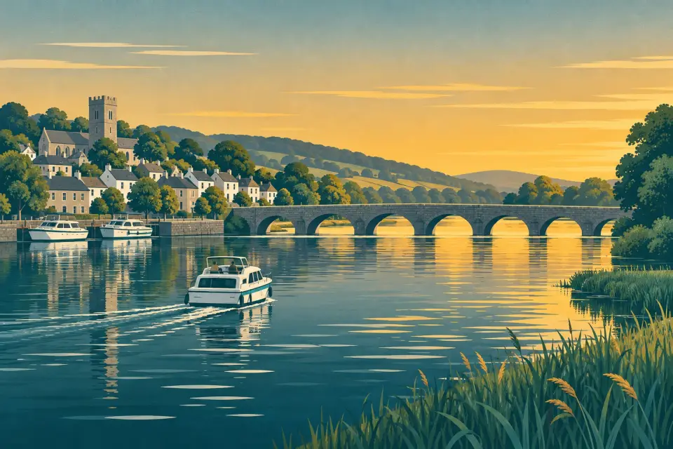 Illustration: a cruiser on the broad Shannon below a long arched stone bridge, a hillside town with a cathedral tower and moored boats.